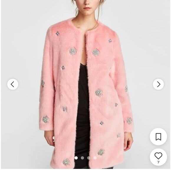 Zara Jackets & Blazers - ZARA COLLECTION - Pink Bejeweled Faux Fur Coat blue beads party